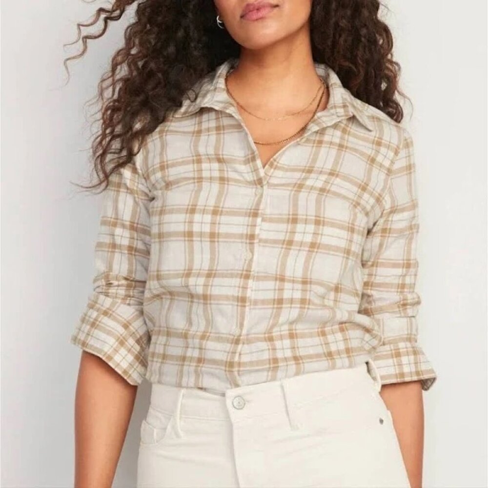 Old Navy Large Cream Plaid Flannel Women's Classic Shirt